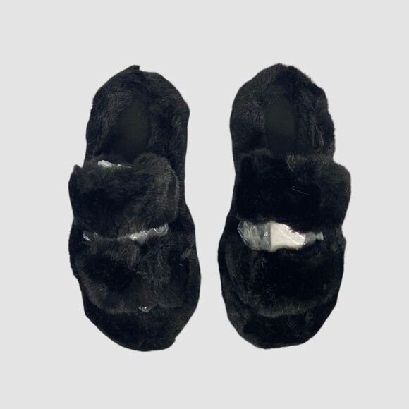 Chunky Faux Fur Fuzzy Black Slipper / Loafers Double Band US 8 - Picture 1 of 6